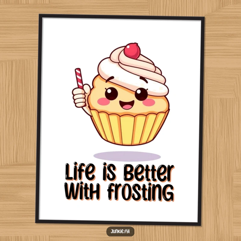 Funny Free Printable Wall Art: A round, cheerful cupcake giving a big thumbs up with a candy stick.