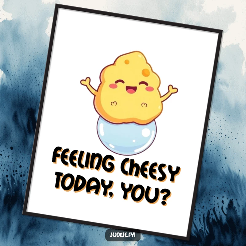 Funny Free Printable Wall Art: A grinning cheese puff floating triumphantly on a delicate soap bubble.