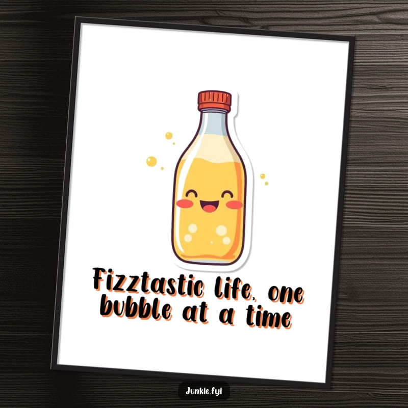 Funny Free Printable Soda Bottle Wall Art, character fizzing with excitement, vibrant and cheerful, perfect for quirky home decor.