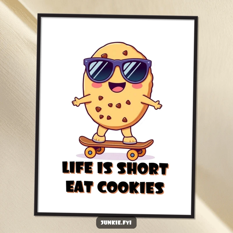 Funny Free Printable Wall Art: A kawaii cookie character wearing sunglasses rides a tiny skateboard with a cheerful expression.