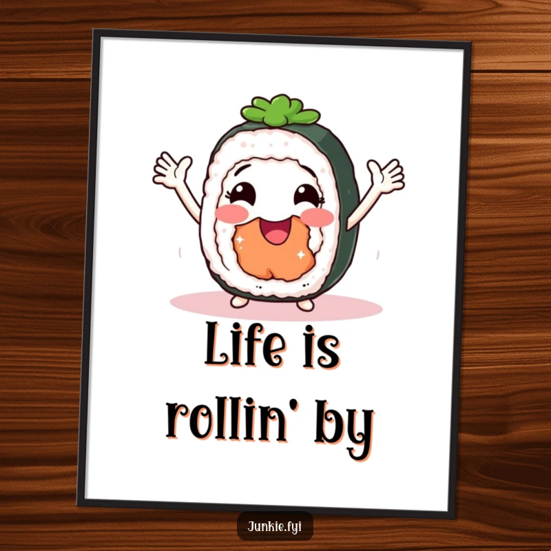 Funny Free Printable Wall Art: A smiling sushi roll with arms doing a joyful shimmy, bringing vibrant energy.