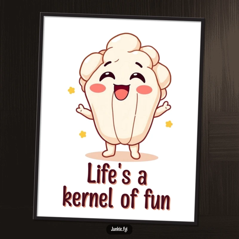 Funny Free Printable Wall Art: Giggling popcorn kernel character joyfully bursting with excitement, vibrant and playful art.