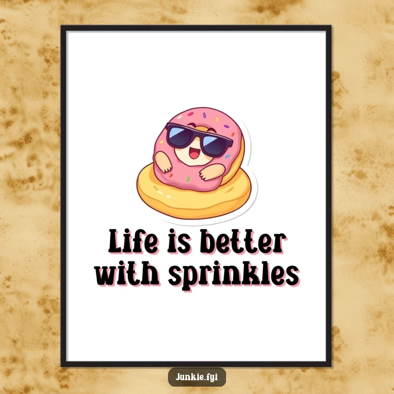 Funny Free Printable Wall Art depicting a delighted donut character wearing sunglasses, lounging with total coolness on a giant chip.