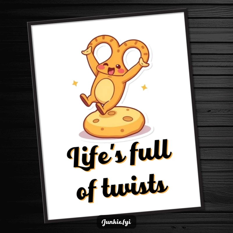 Funny Free Printable Wall Art: Energetic pretzel doing a cartwheel on cheese, a hilarious downloadable art piece.