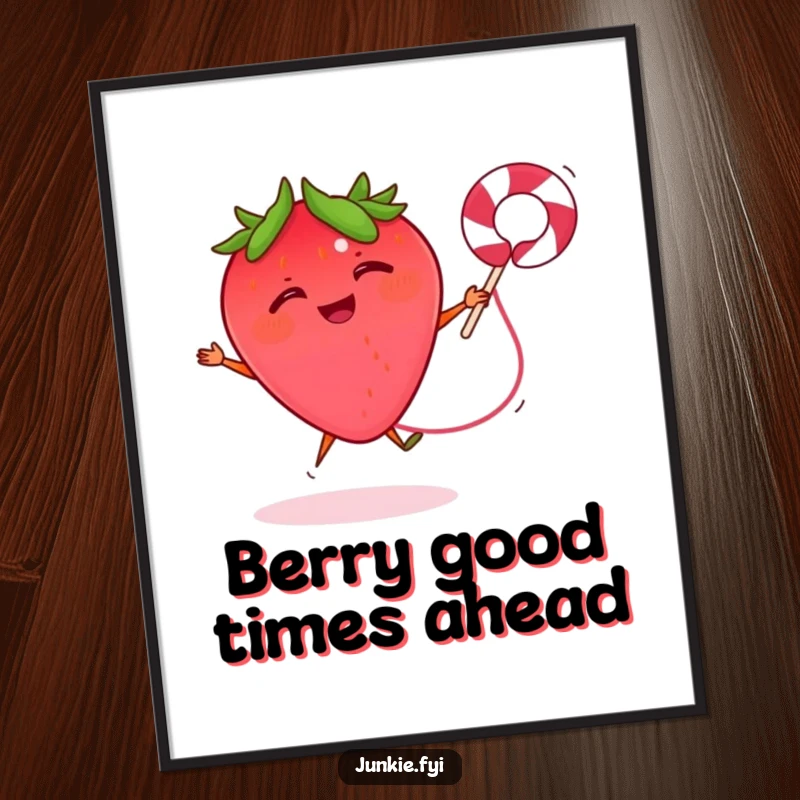 Funny Free Printable Wall Art: A giggling strawberry is captured mid-jump, energetically skipping rope.