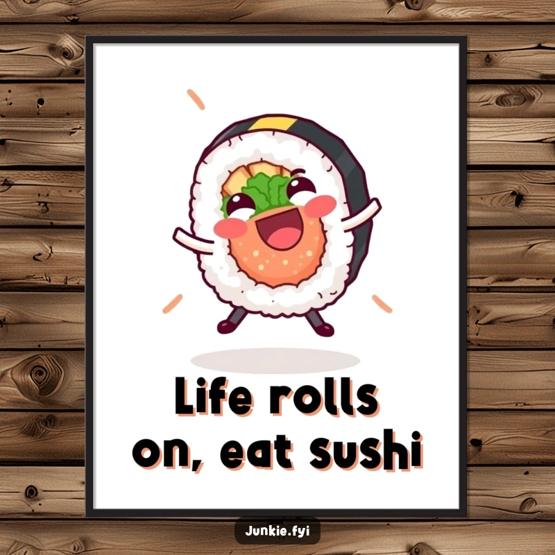Funny Free Printable Wall Art of a giggling sushi roll doing a cartwheel, a playful and quirky decorative piece.