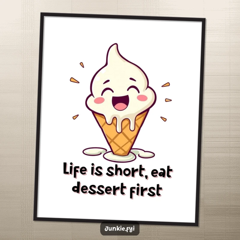 Funny Free Printable Wall Art featuring an excited ice cream cone character, melting slightly from pure happiness and vibrant glee.