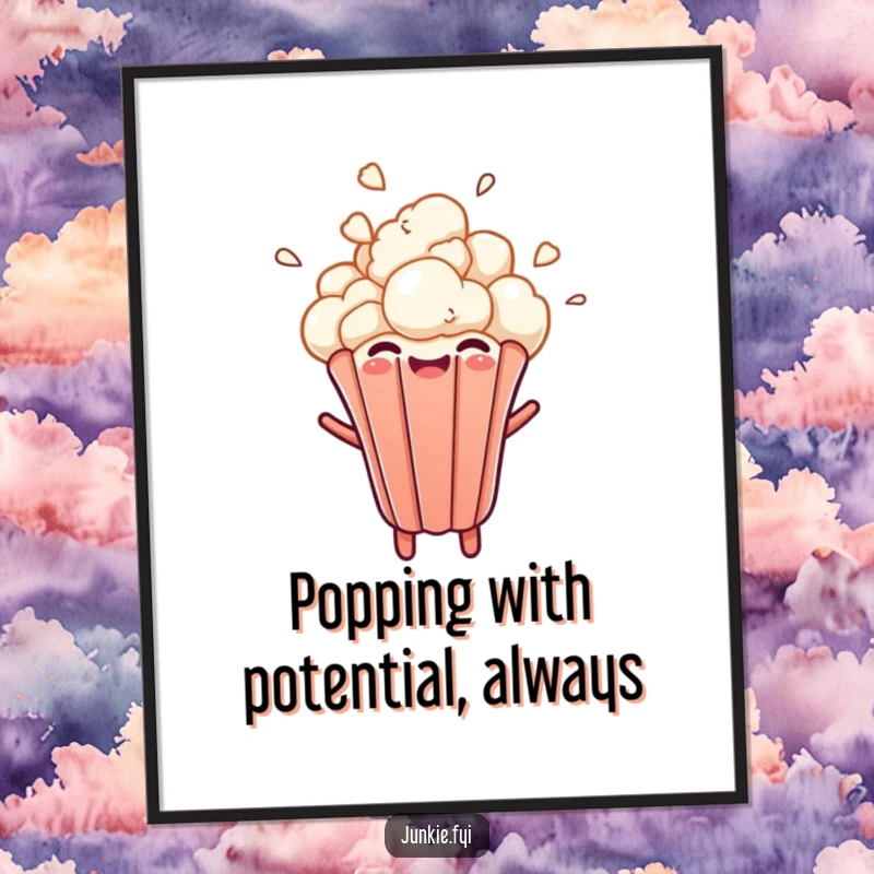 Funny Free Printable Wall Art depicting a single, cheerful popcorn kernel bursting upwards with explosive, joyful abandon.