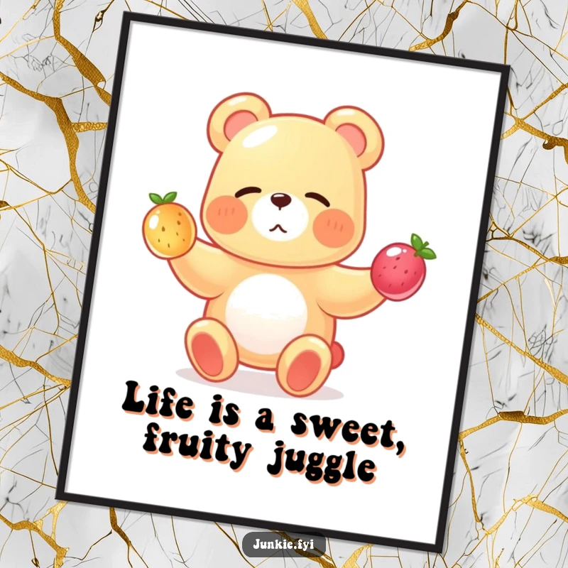 Funny Free Printable Wall Art featuring a cool winking gummy bear expertly juggling three tiny, translucent fruits with a mischievous grin.