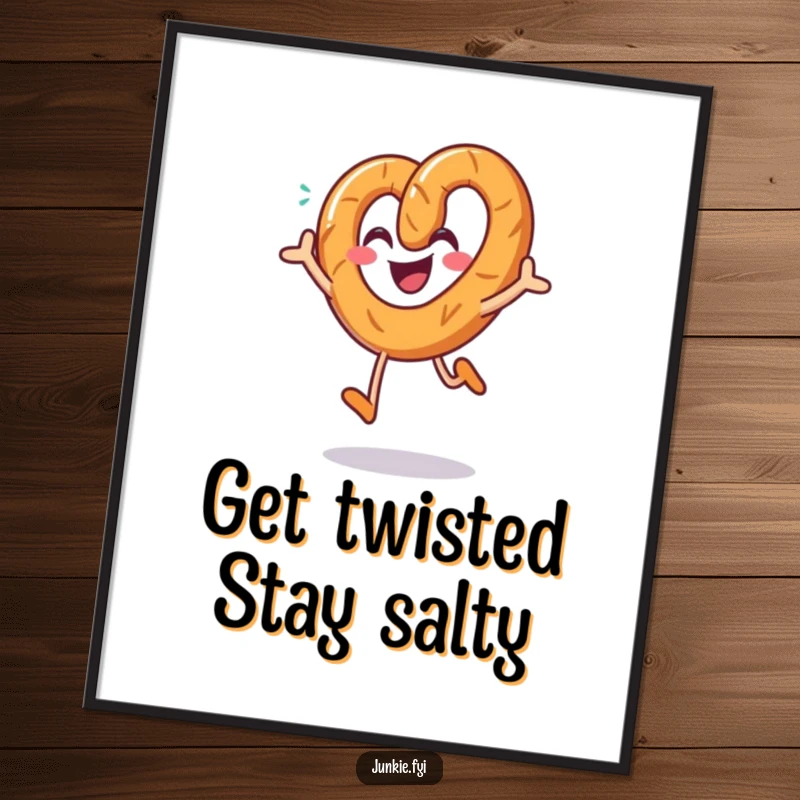 Funny Free Printable Wall Art: A smiling pretzel character joyfully jumping with salt sprinkles, adding playful decor.