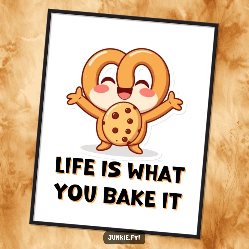 Funny Free Printable Wall Art: A Happy Pretzel Character Exuberantly Devouring a Cookie with Arms Wide Open.
