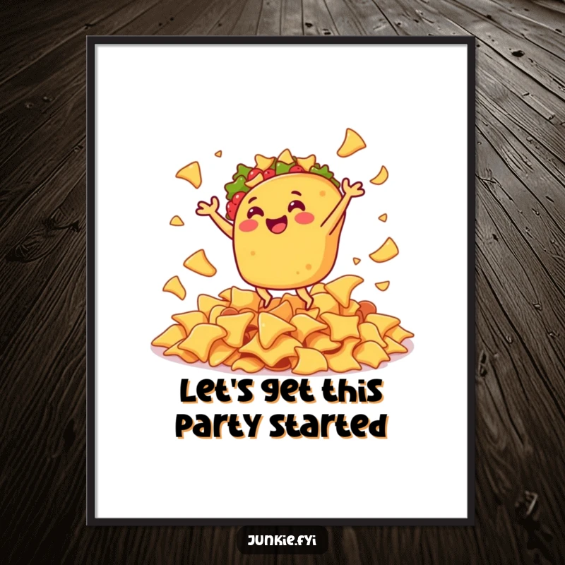Funny Free Printable Wall Art: A gleeful taco is captured mid-jig, joyfully dancing amongst a generous pile of crunchy nacho chips.