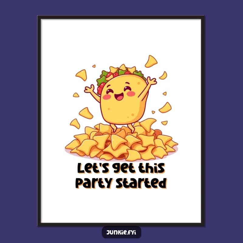 Funny Free Printable Wall Art: Gleeful Taco Dancing on Nachos, Downloadable Fiesta Decor