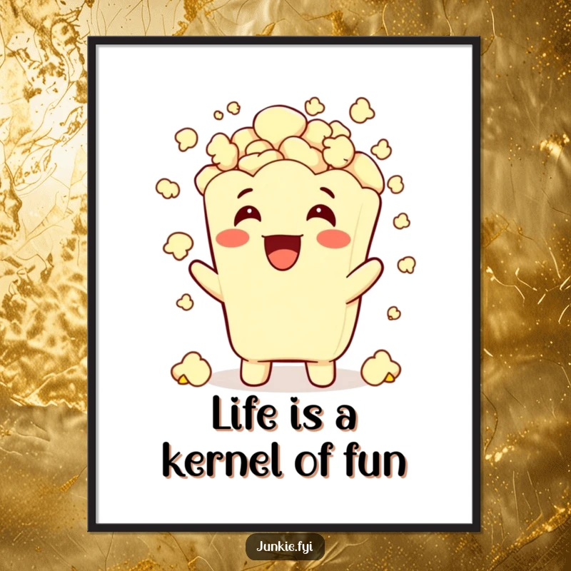 Funny Free Printable Wall Art: A Grinning Popcorn Character Excitedly Showering Itself with a Mountain of Popcorn.