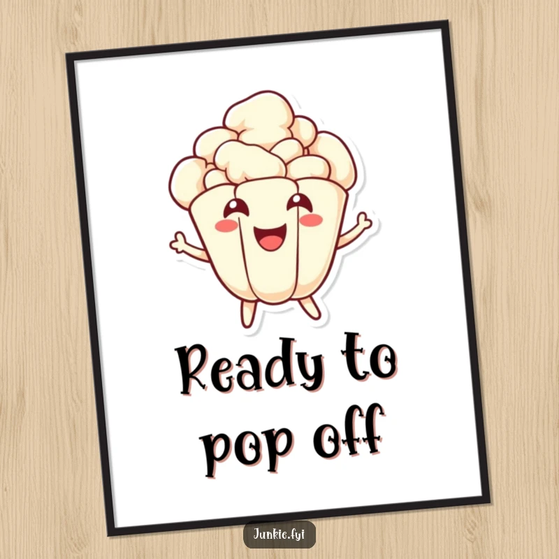 Funny Free Printable Wall Art: An energetic popcorn kernel character popping with a wide, happy smile, adding a fun vibe to your wall.