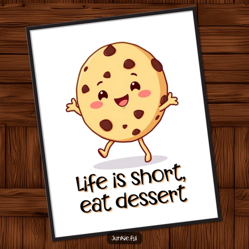 Funny Free Printable Wall Art: A happy chocolate chip cookie character doing a cheerful shimmy, adding a dose of sweetness and fun to your wall.