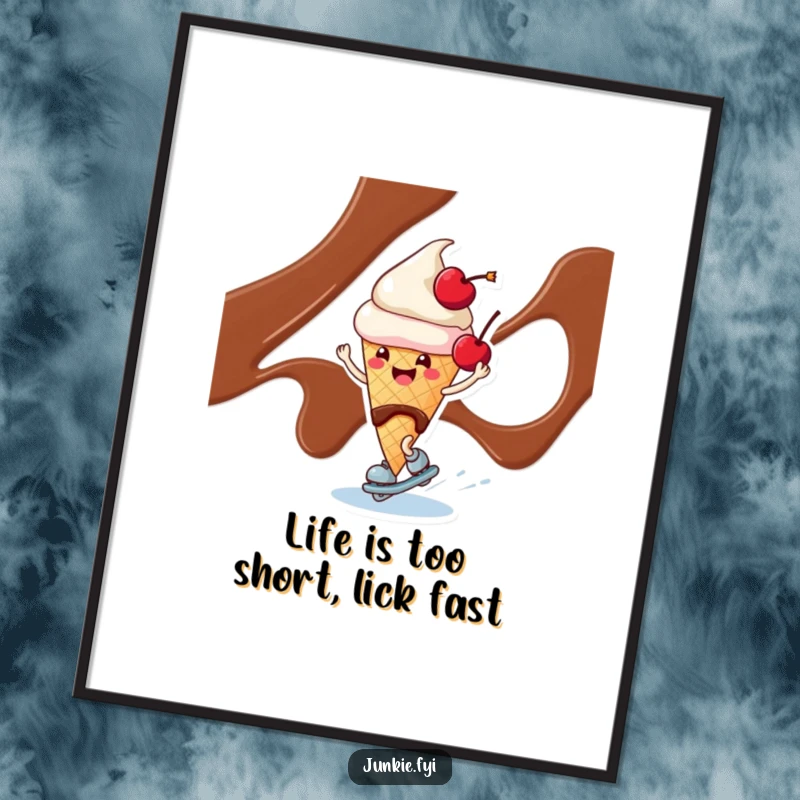 Funny free printable wall art of a cheerful ice cream cone character happily skating on chocolate syrup.