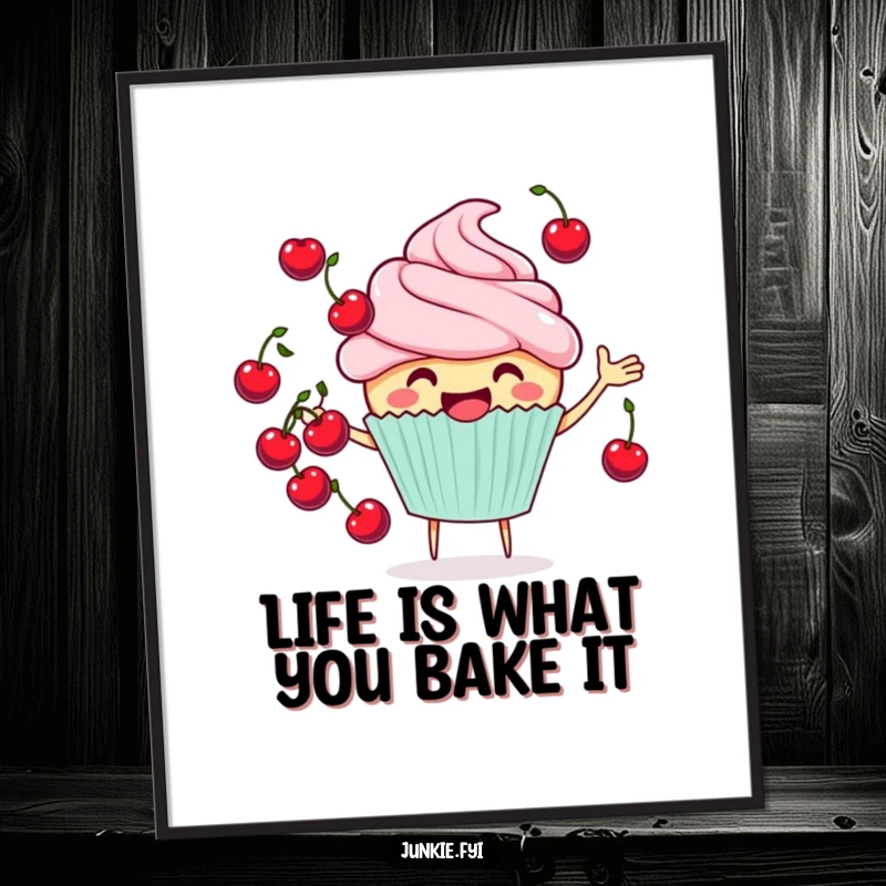 Funny Free Printable Wall Art showcasing a smiling cupcake character in the act of cheerfully juggling multiple small, vibrant cherries with skill.