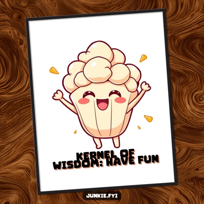 Funny Free Printable Wall Art depicting an animated popcorn kernel character in mid-burst, radiating pure, unbridled energy and happiness.