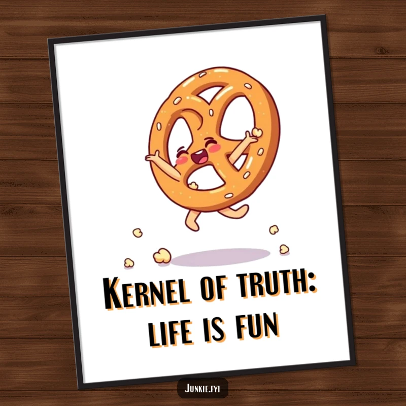 Funny Free Printable Wall Art: A thrilled pretzel is captured mid-cartwheel, with the entire shape ingeniously formed by popcorn kernels.