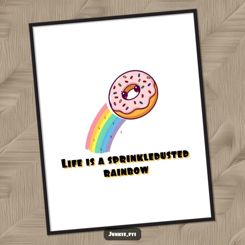 Funny Free Printable Wall Art of a happy donut sliding with glee down a spectacular rainbow constructed entirely from shiny, colorful sprinkles.