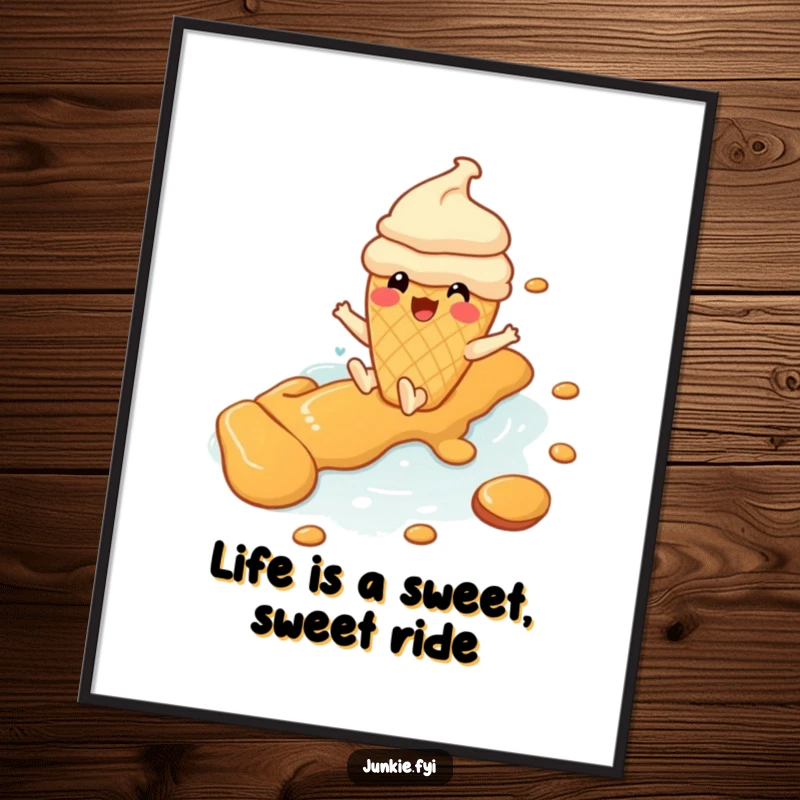 Funny Free Printable Wall Art: A Cheerful Ice Cream Cone Character Gleefully Sliding Down a Swirling Caramel River.