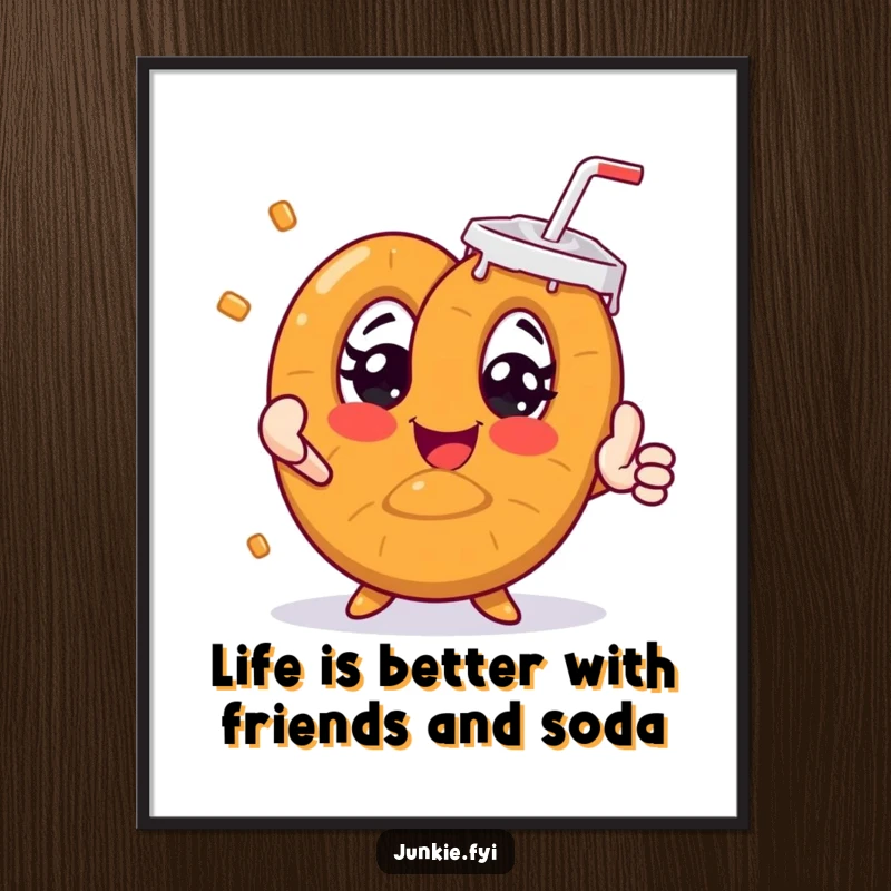 Funny Free Printable Wall Art: A smiling pretzel with wide eyes dramatically reaching for a giant soda cup.