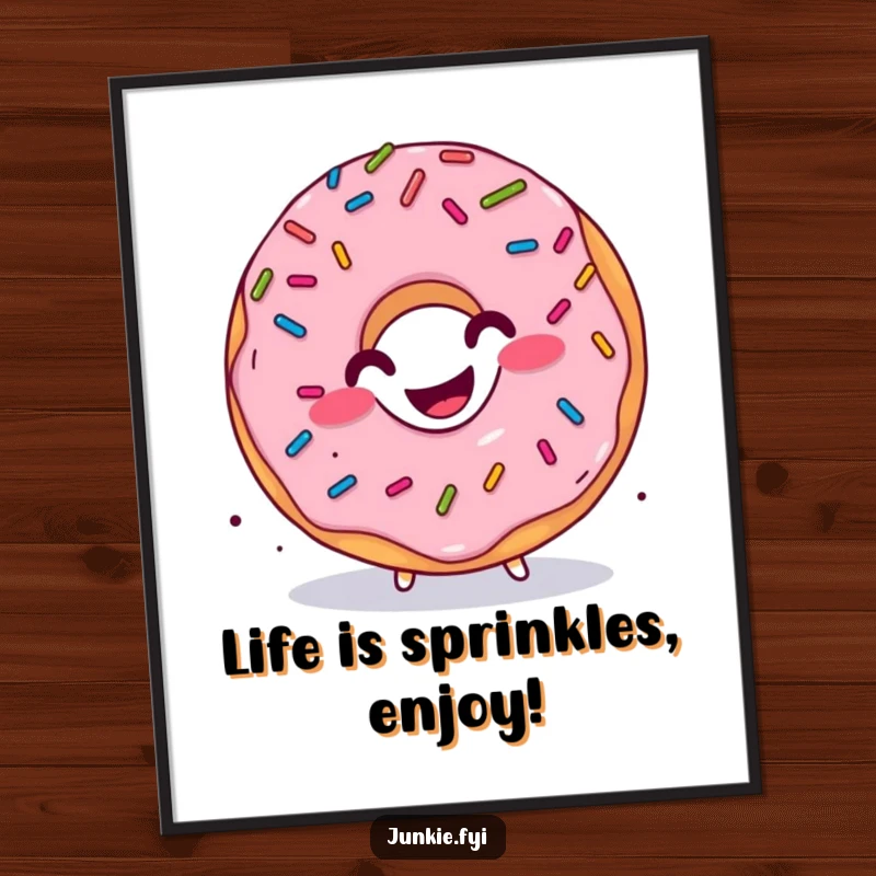 Funny free printable wall art of a grinning donut character with sprinkles raining down, performing a happy wiggle.