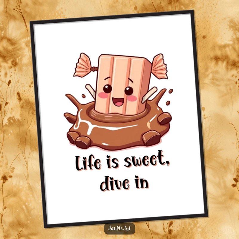Funny Free Printable Wall Art of an ecstatic candy bar enthusiastically diving into a swirling pool of rich, brown chocolate.
