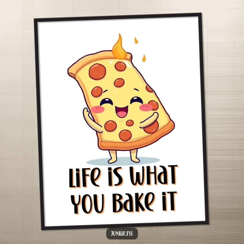 Funny Free Printable Wall Art: A delighted food character with tiny arms embracing a huge, steaming slice of pizza with joy.