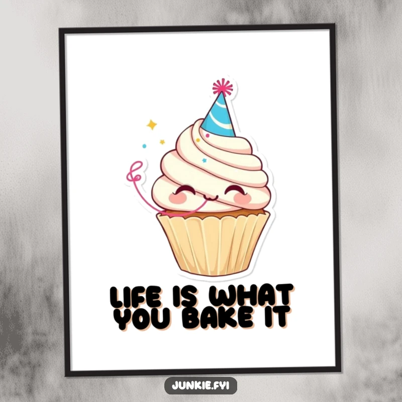 Funny Free Printable Wall Art: Delighted cupcake character in a tiny party hat blows a streamer, creating festive decor.