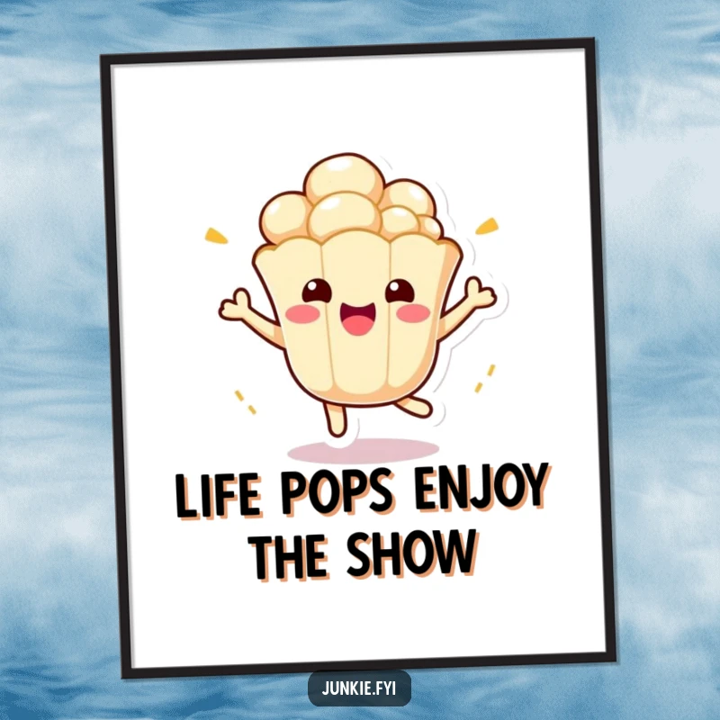 Funny Free Printable Wall Art: A kawaii popcorn kernel character bouncing with pure, unadulterated excitement and joy.