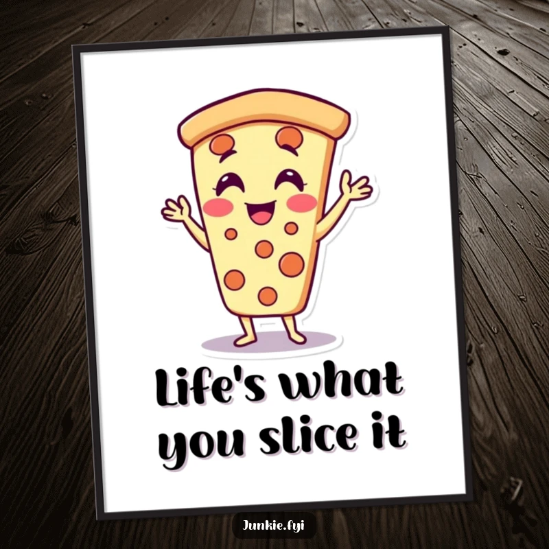 Funny Free Printable Pizza Slice Wall Art, character doing jazz hands, delighted and playful, perfect for quirky foodie decor.