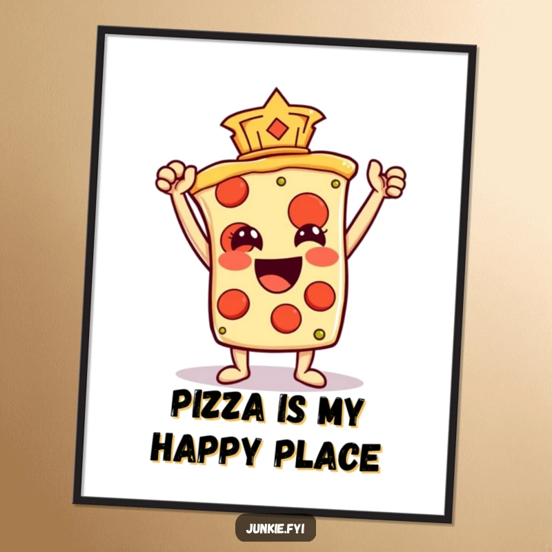 Funny free printable wall art of a pizza slice character holding a pepperoni like a trophy, celebrating victory.