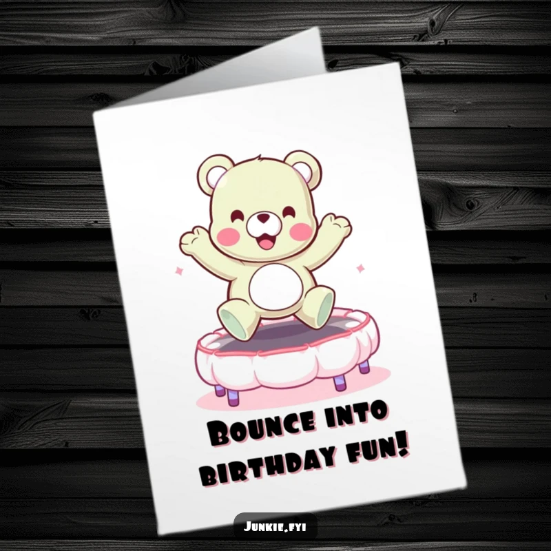 Funny Free Printable Birthday Card: A cheerful gummy bear joyfully bouncing high on a soft marshmallow trampoline.