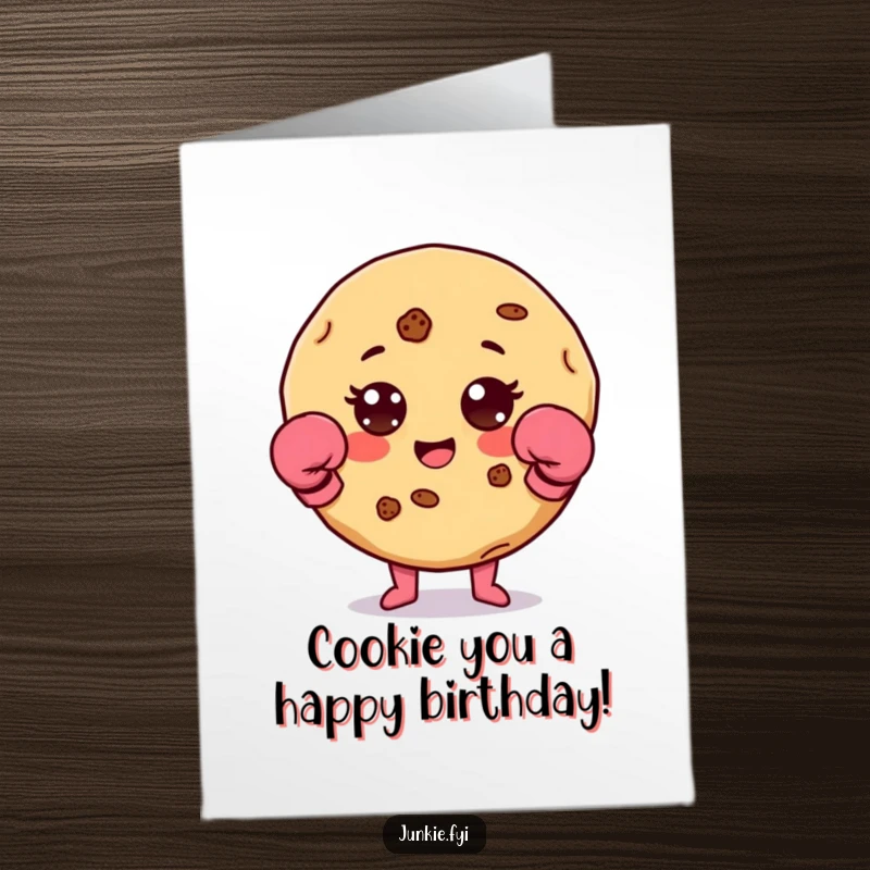 Funny free printable birthday card of a delighted cookie character with chip accents wearing tiny boxing gloves.