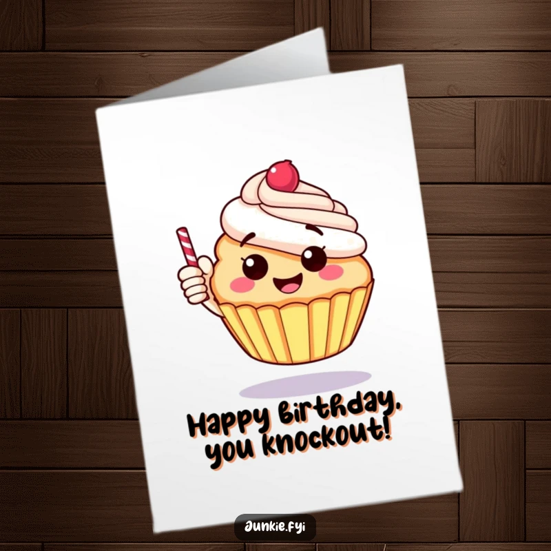 Funny Free Printable Birthday Card: A cheerful cupcake giving a big thumbs up with a candy stick.
