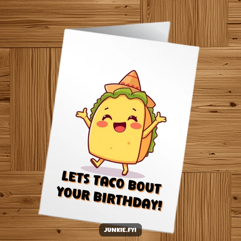Funny Free Printable Birthday Card: A delighted taco character doing a silly dance while wearing a tiny sombrero.