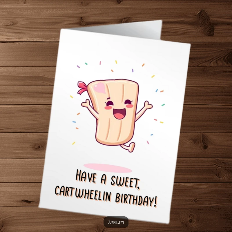Funny Free Printable Birthday Card: Joyful candy bar character performs a dynamic cartwheel with sprinkles flying.