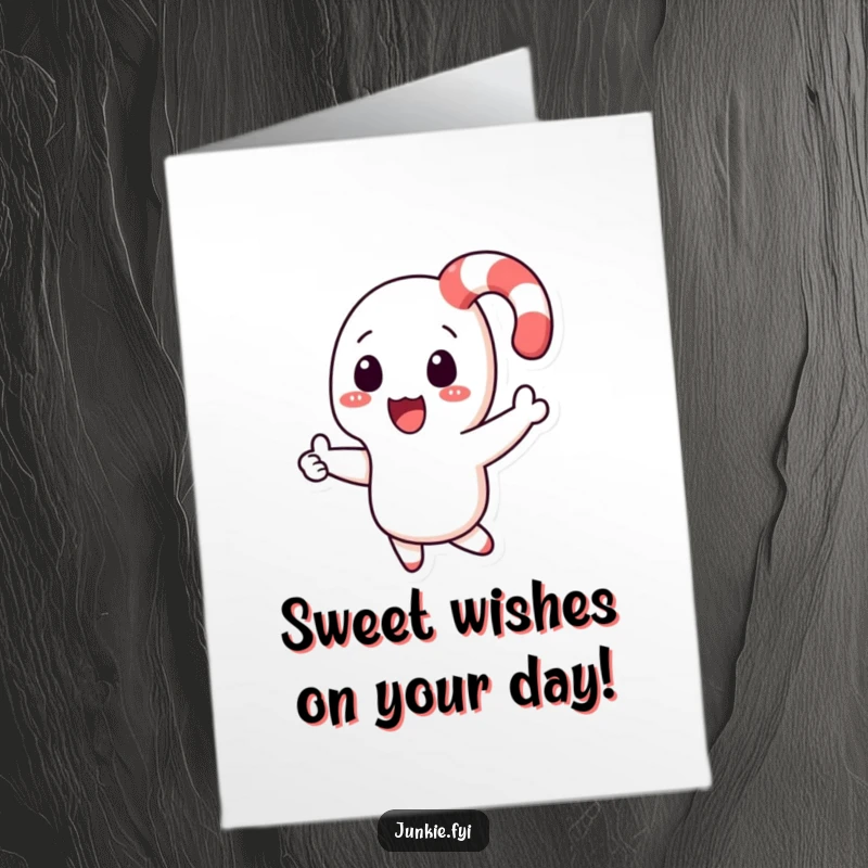 Funny Free Printable Birthday Card: Playful candy cane character boomeranging back to a happy hand, a festive greeting.