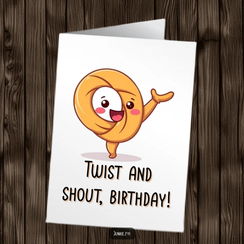 Funny Free Printable Birthday Card: A happy pretzel character gleefully cartwheels, twisted with pure joy.