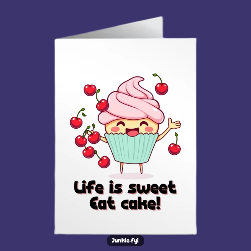 Free Printable Birthday Card: Cheerful Cupcake Juggling Cherries - Fun Downloadable
