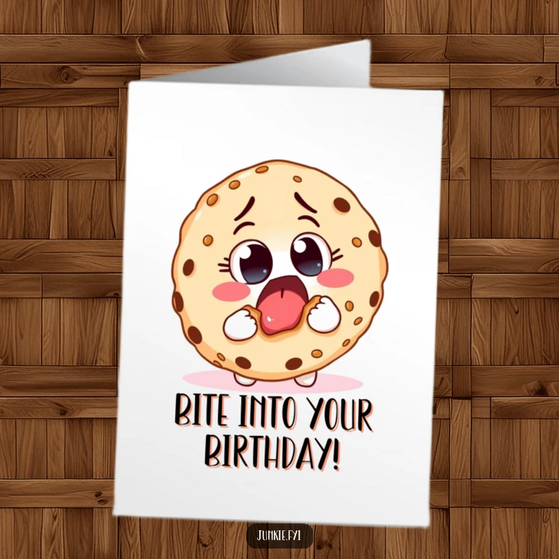 Funny Free Printable Birthday Card: An excited food character with big eyes takes a huge bite from a giant, delicious cookie.