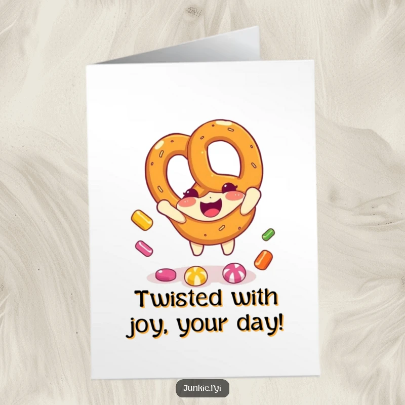 Funny Free Printable Birthday Card: Cheerful pretzel character joyfully catching falling candy pieces, a delightful DIY greeting.