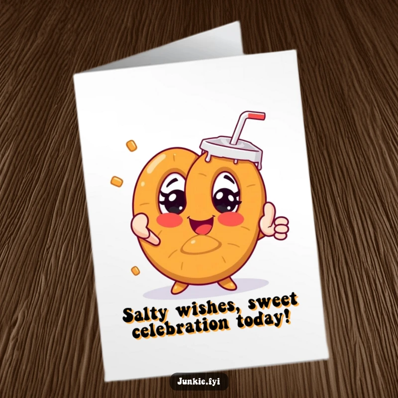 Funny Free Printable Birthday Card: Excited pretzel eyes wide, desperately reaching for a huge soda, celebrating.