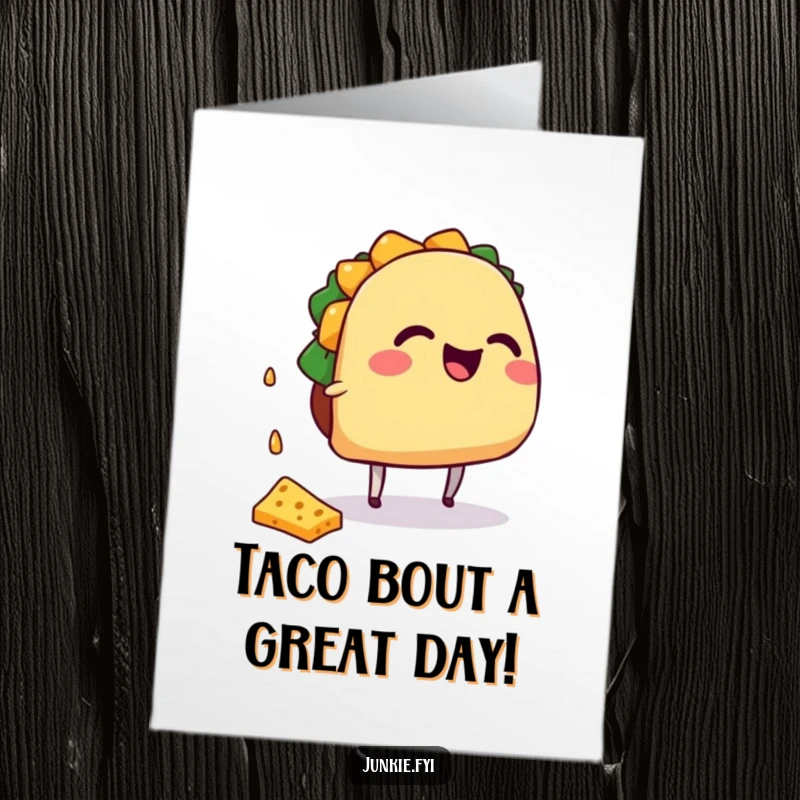 Funny Free Printable Birthday Card: A giggling taco with tiny legs scrambling to catch falling cheese.