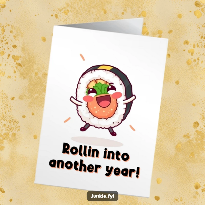Funny Free Printable Birthday Card of a giggling sushi roll doing a cartwheel with its nori strip, bringing joy.