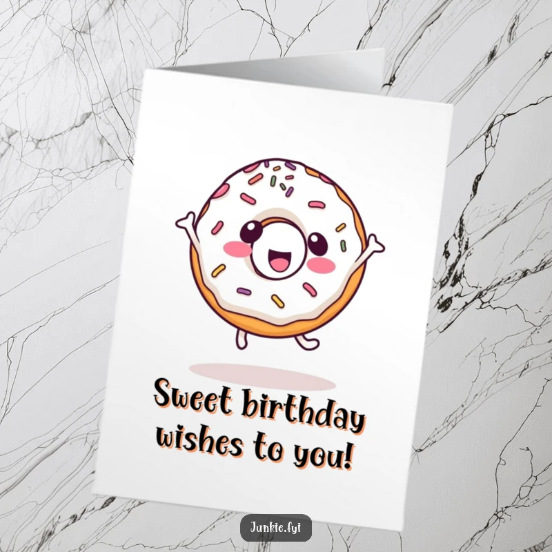 Funny Free Printable Birthday Card featuring a happy kawaii donut character with sprinkles doing a joyful cartwheel.