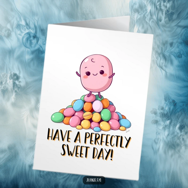Funny free printable birthday card featuring a content macaron character gracefully balancing on a colorful pile of candies.