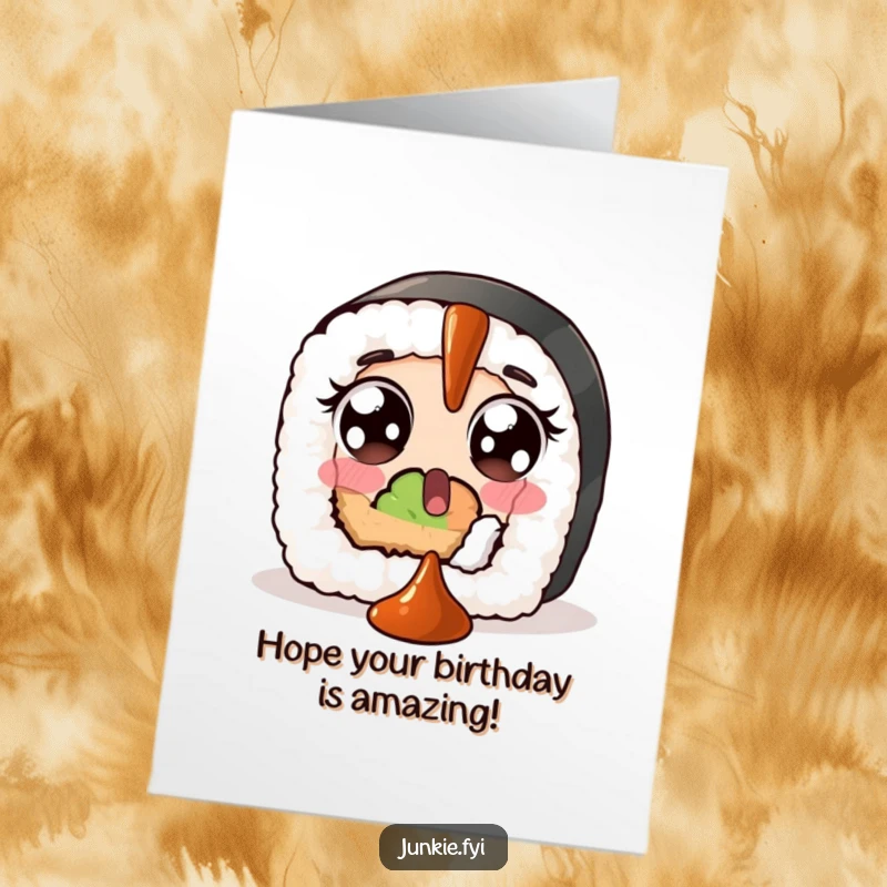 Funny Free Printable Birthday Card: A surprised sushi roll with wide eyes awkwardly catches a falling dollop of soy sauce.